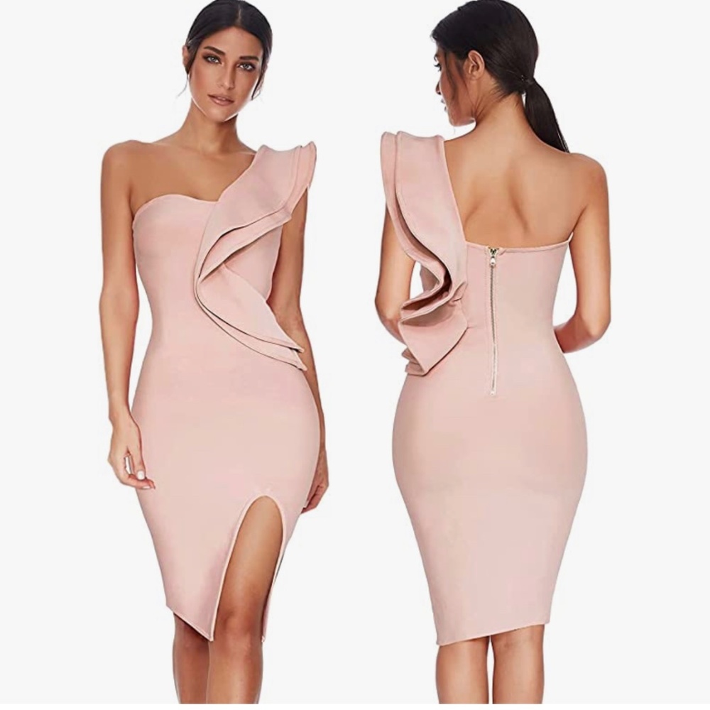 Pink Bandage Dress With Ruffle and Front Split
